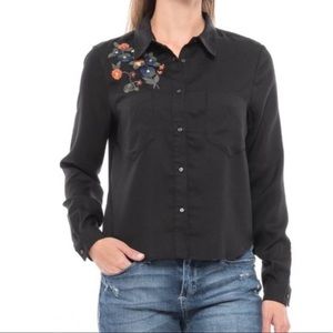 For the Republic new black button floral embroidered shirt size small